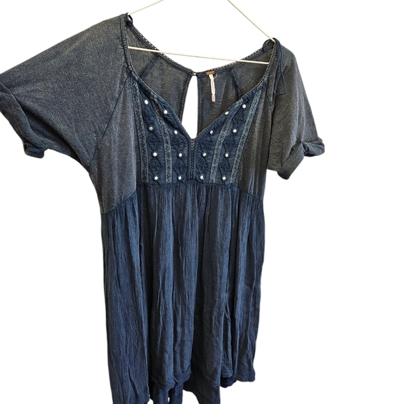 Free People Blue Contrast Fabric Tunic Drsss Womens - Picture 2 of 5